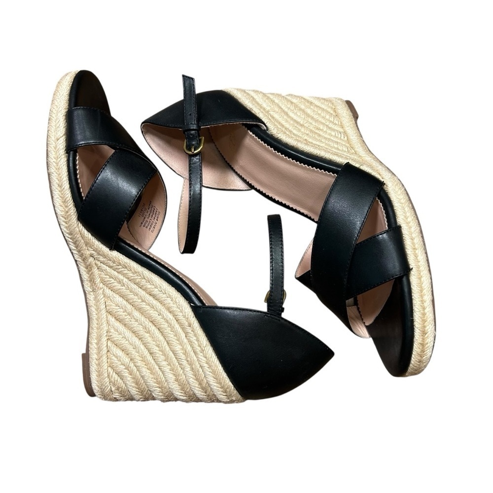 New Box J. crew black leather espadrille wedge size 10.5 open toe preppy an870 - Picture 5 of 6